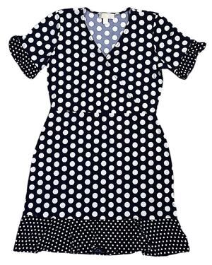 Michael Kors Ruffle Sleeve & Hem V-Neck Navy Blue & White Polka Dot Dress M